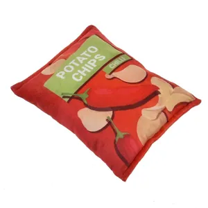 Squeaky plush dog toy designed as a red potato chip bag with spicy chili graphics