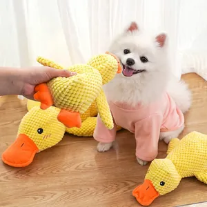 Nahaufnahme eines gelben Plüsch-Entenspielzeugs beim interaktiven Spiel mit einem Hund
