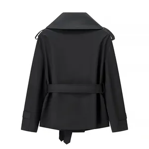 Back view of a black short trench jacket with a waist belt and epaulettes