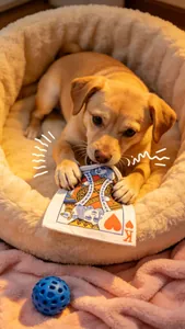 Détail d'un chien jouant avec un jouet sonore en peluche en forme de carte dans son panier
