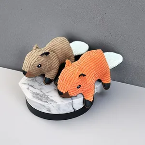 Durable squirrel-shaped corduroy squeaky plush dog toys in brown and orange colors