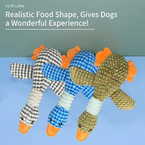 Set of three colorful plush squeaky dog toys in goose shape with textured pineapple fleece