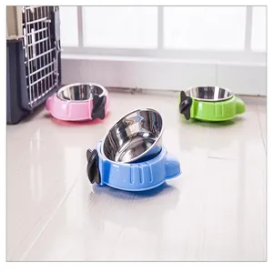 Durable stainless steel pet bowls with hanging cage mounts shown in pink, green, and blue