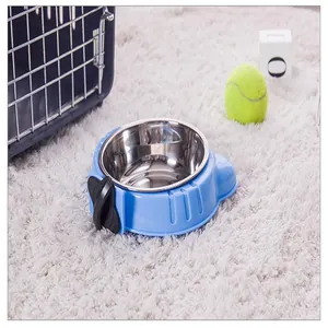 Durable stainless steel hanging pet bowl with blue plastic shell for cage attachment