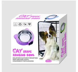 Packaging box showing a purple cat-shaped hanging stainless steel bowl for dogs and cats