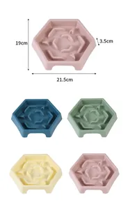 Detail view of hexagonal slow feeder dog bowls in multiple colors with dimensions