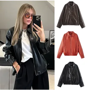 Giacca Bomber Casual da Donna Revers Vintage Cerniera Corta Capispalla Streetwear Cappotto in Poliestere per Donna Moda Autunnale