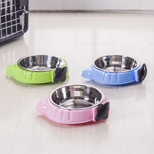 Set of stainless steel hanging pet food bowls for cat and dog cages in vibrant colors