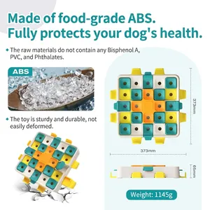 Detalle del material ABS de grado alimenticio y dimensiones del juguete rompecabezas para perros.