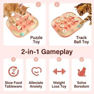 Vue détaillée du jouet puzzle interactif pour chat 2-en-1 et de la mangeoire lente