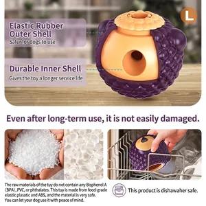 Detailed view of the food-grade material and dishwasher-safe raspberry dog toy features.