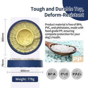 Vue détaillée d'un bol d'alimentation lente bleu et jaune pour chiens avec dimensions.