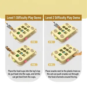 Instructions détaillées du jouet interactif 2-en-1 pour chat montrant les étapes des niveaux 1 et 2