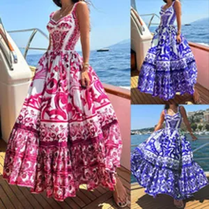 Bohemian Majolica print sleeveless maxi dress in pink and blue colors for vacation
