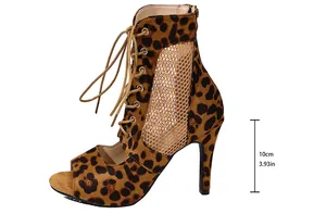 Stunning leopard print jazz dance boots featuring a 10cm high heel and open toe mesh design