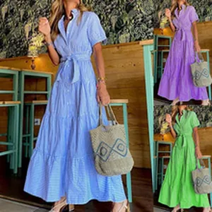 Detail collage view showing the tiered striped maxi dress in various color options