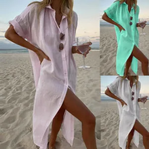 Women's Cotton Linen Shirt Dress Long Sleeve Solid Color Button Up Split Casual Loose Midi Dress Elegant Vacation Beach Cover Up