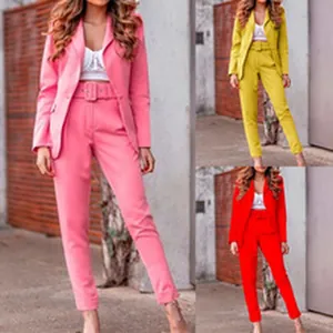 Detail showing pink, yellow, and red color variants of women's 2-piece blazer suit set