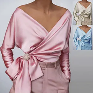 Elegant long sleeve satin wrap blouse with waist tie and brooch in pink and blue