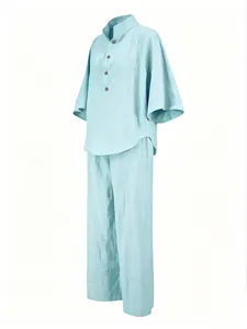Light blue casual linen-blend shirt and wide-leg pants set with flared sleeves