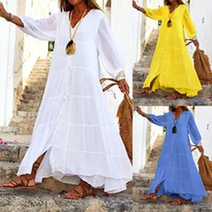 Elegant V-neck long sleeve tiered maxi dress for women in white, yellow, and blue variants