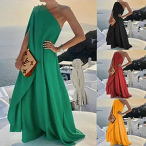 Detailed view of one-shoulder sleeveless maxi dress displayed in multiple color options