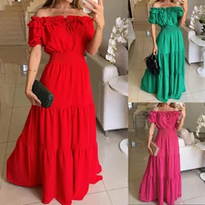 Elegant off-the-shoulder tiered maxi dress shown in red, green and magenta colors