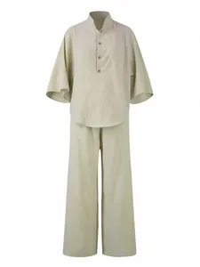 Relaxed linen-style buttoned shirt with bell sleeves and matching wide-leg pants