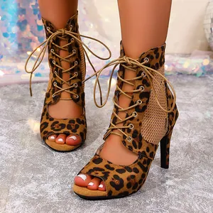 Leopard Print Peep Toe Lace Up Sandal Boots For Women High Heel Stiletto Jazz Dance Shoes Hollow Out Mesh Party Sandals