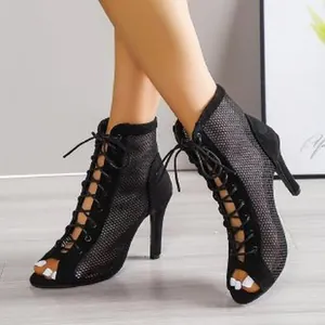 Fashionable black suede mesh open-toe high heel shoes with lace-up front for dancing