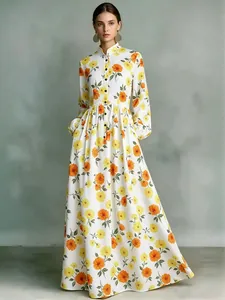 Robe maxi élégante à imprimé floral vintage avec col officier et manches lanternes.