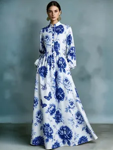 Robe longue vintage à imprimé floral avec col montant et manches lanternes pour les vacances