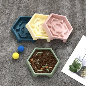 Hexagonal slow feeder dog bowl set in multiple pastel colors designed for anti-gulping