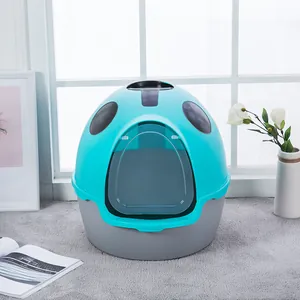 Large ladybug shaped fully enclosed cat litter box with door in cyan and gray colors