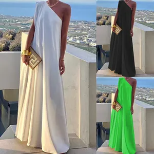 Women's Elegant Single Shoulder Sleeveless Maxi Dress Solid Color High Waist Irregular Banquet Evening Party Dress