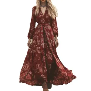 Elegant bohemian style burgundy floral print long sleeve wrap maxi dress for autumn fashion