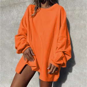 Bright orange oversized crewneck sweatshirt for women with long sleeves and loose fit