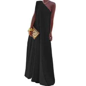 Elegant black one-shoulder sleeveless maxi dress for formal evening banquet parties