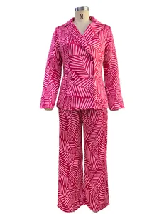 Fashionable pink leaf pattern women's blazer and straight trousers two-piece outfit