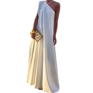 Detailed view of elegant white one-shoulder sleeveless evening maxi dress for summer