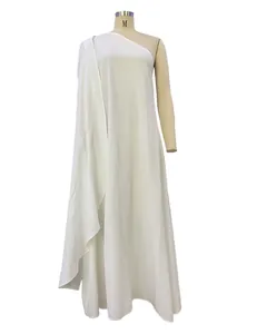 Elegant white one-shoulder sleeveless evening gown displayed on a dress form mannequin.