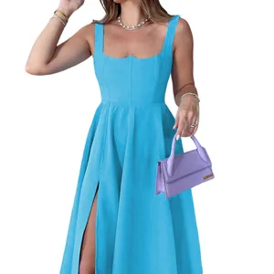 Elegant light blue midi camisole dress featuring a corset bodice and sexy side slit