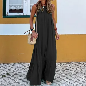 Elegant black sleeveless halter maxi dress for women, perfect for a beach vacation.