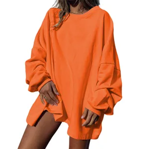 Oversized bright orange long-sleeved crewneck sweatshirt for women with drop shoulders
