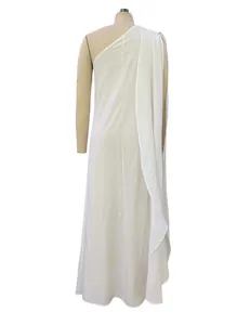 Back view detail of elegant white one-shoulder sleeveless long evening banquet dress