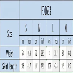 Size guide for women's floral midi beach skirt, showing measurements in cm and inches.