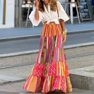 Detailed view of a colorful Bohemian printed maxi skirt with vibrant geometric patterns