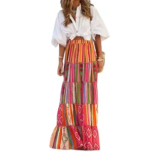 Close-up detail of a vibrant bohemian tiered maxi skirt with colorful geometric prints