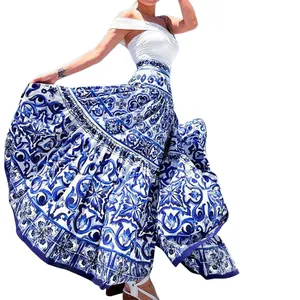 Elegant blue and white floral printed mid-length beach skirt for ladies' vacation