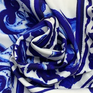 Close-up of blue and white Mediterranean pattern fabric for mid-length beach skirt.